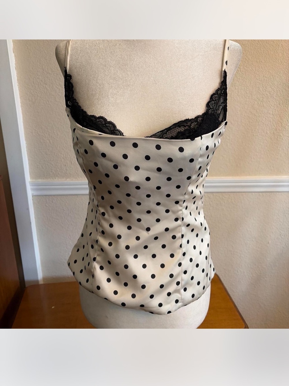 Polka Dot Satiny Cami with Black Lace Trim